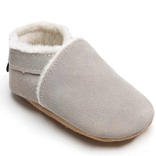 IceUnicorn Krabbelschuhe Baby Winter Lauflernschuhe Baby Gefüttert Lederschuhe Babys Weiche Leder Wildledersohlen Lederpuschen(NR Grau, 0-6 Monate) von IceUnicorn