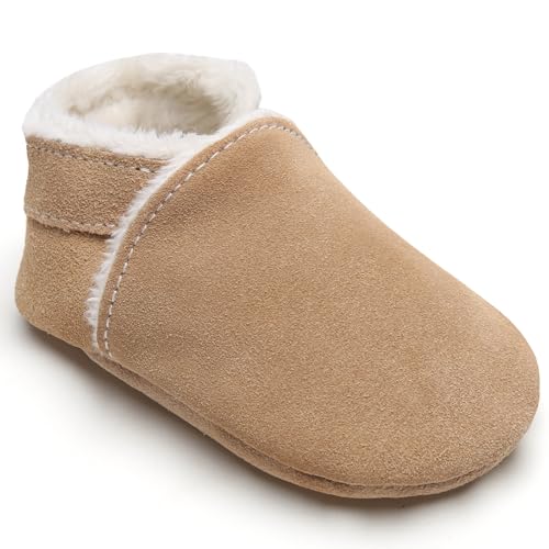 IceUnicorn Krabbelschuhe Baby Winter Lauflernschuhe Baby Gefüttert Lederschuhe Babys Weiche Leder Wildledersohlen Lederpuschen(NR Khaki, 6-12 Monate) von IceUnicorn