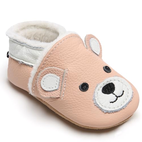 IceUnicorn Krabbelschuhe Baby Winter Krabbelschuhe Gefüttert Plüsch Hausschuhe Baby Lauflernschuhe Warm Weiche Leder Babyschuhe(Rosa Bär P, 6-12 Monate) von IceUnicorn