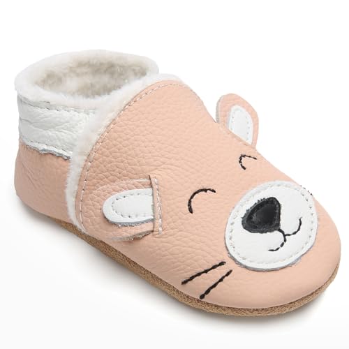 IceUnicorn Krabbelschuhe Baby Winter Krabbelschuhe Gefüttert Plüsch Hausschuhe Baby Lauflernschuhe Warm Weiche Leder Babyschuhe(Rosa Katze P, 6-12 Monate) von IceUnicorn
