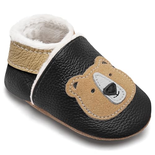 IceUnicorn Krabbelschuhe Baby Winter Krabbelschuhe Gefüttert Plüsch Hausschuhe Baby Lauflernschuhe Warm Weiche Leder Babyschuhe(Schwarzer Bär, 6-12 Monate) von IceUnicorn