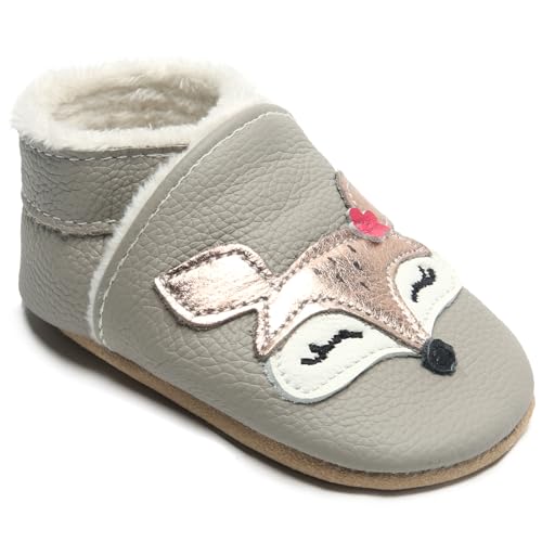 IceUnicorn Krabbelschuhe Baby Winter Krabbelschuhe Gefüttertlüsch Hausschuhe Baby Lauflernschuhe Warm Weiche Leder Babyschuhe(Plüsch Fuchs, 0-6 Monate) von IceUnicorn