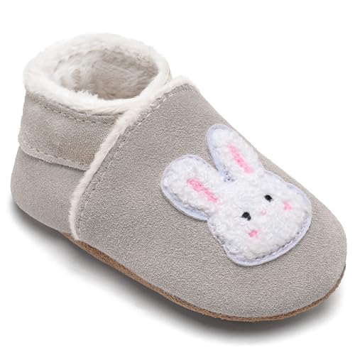 IceUnicorn Krabbelschuhe Baby Winter Lauflernschuhe Baby Gefüttert Lederschuhe Babys Weiche Leder Wildledersohlen Lederpuschen(Grau Plüschkaninchen, 2-3 Jahre) von IceUnicorn