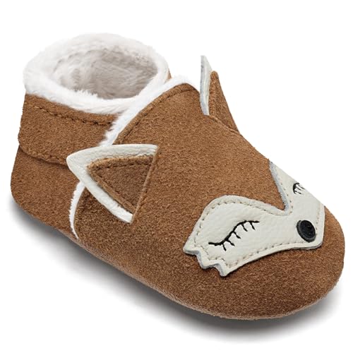 IceUnicorn Krabbelschuhe Baby Winter Lauflernschuhe Baby Gefüttert Lederschuhe Babys Weiche Leder Wildledersohlen Lederpuschen(Kastanie Plüschfuchs, 0-6 Monate) von IceUnicorn