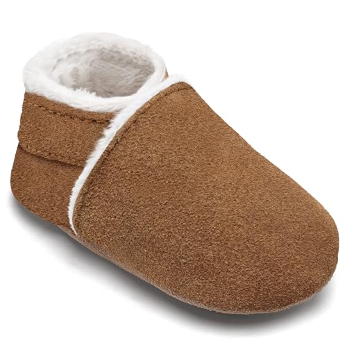 IceUnicorn Krabbelschuhe Baby Winter Lauflernschuhe Baby Gefüttert Lederschuhe Babys Weiche Leder Wildledersohlen Lederpuschen(Kastanien Plüsch, 12-18 Monate) von IceUnicorn
