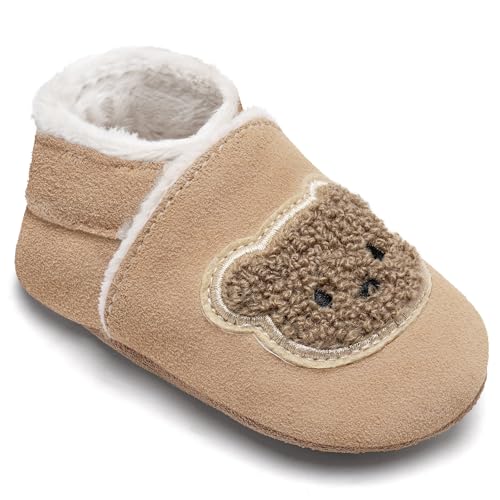 IceUnicorn Krabbelschuhe Baby Winter Lauflernschuhe Baby Gefüttert Lederschuhe Babys Weiche Leder Wildledersohlen Lederpuschen(Khaki Bär, 18-24 Monate) von IceUnicorn