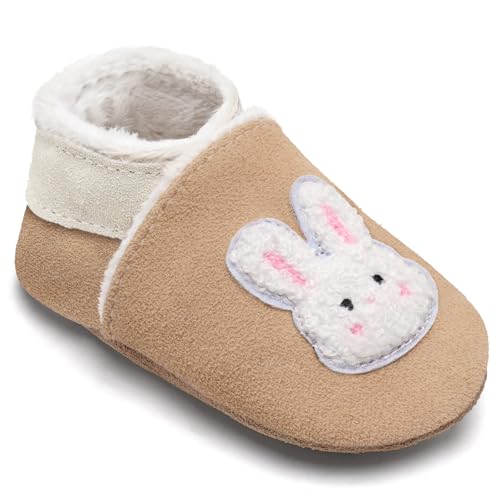 IceUnicorn Krabbelschuhe Baby Winter Lauflernschuhe Baby Gefüttert Lederschuhe Babys Weiche Leder Wildledersohlen Lederpuschen(Khaki Plüschkaninchen, 12-18 Monate) von IceUnicorn