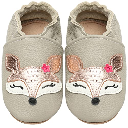 IceUnicorn Lauflernschuhe Baby Krabbelschuhe Jungen Mädchen Weicher Leder lederpuschen baby Rutschfeste Krabbelschuhe Leder(Qh Fox, 6-12 Monate) von IceUnicorn