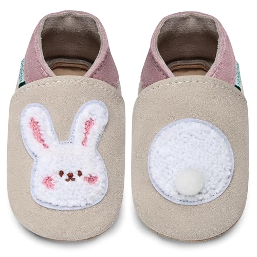 IceUnicorn Lauflernschuhe Baby Krabbelschuhe Lederschlappen Babys Jungen Mädchen Weicher Lederpuschen(Beige Kaninchen, 6-12 Monate) von IceUnicorn