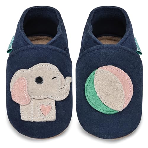 IceUnicorn Lauflernschuhe Baby Krabbelschuhe Lederschlappen Babys Jungen Mädchen Weicher Lederpuschen(Dunkelblauer Elefant, 0-6 Monate) von IceUnicorn