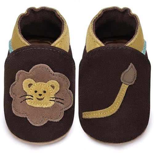 IceUnicorn Lauflernschuhe Baby Krabbelschuhe Lederschlappen Babys Jungen Mädchen Weicher Lederpuschen(Dunkelbrauner Löwe, 6-12 Monate) von IceUnicorn