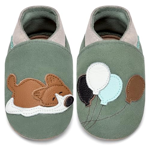 IceUnicorn Lauflernschuhe Baby Krabbelschuhe Lederschlappen Babys Jungen Mädchen Weicher Lederpuschen(Grüner Welpe, 6-12 Monate) von IceUnicorn