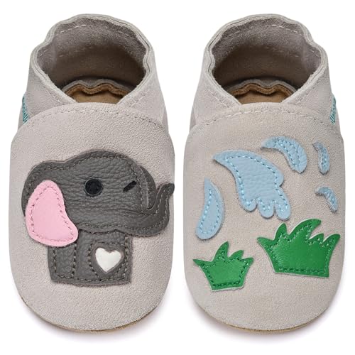 IceUnicorn Lauflernschuhe Baby Krabbelschuhe Lederschlappen Babys Jungen Mädchen Weicher Lederpuschen(Hellgrauer Elefant, 6-12 Monate) von IceUnicorn