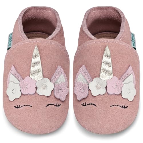 IceUnicorn Lauflernschuhe Baby Krabbelschuhe Lederschlappen Babys Jungen Mädchen Weicher Lederpuschen(Hellrosa Einhorn, 2-3 Jahre) von IceUnicorn