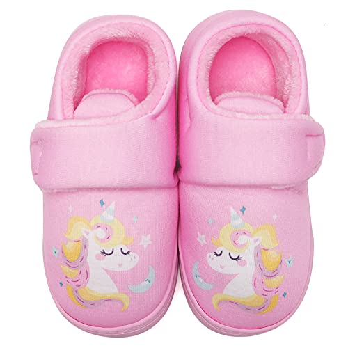 IceUnicorn Plüsch Hausschuhe für Kinder Klettmodell aus Kuschel Warme Flauschige Antirutsch Winter Hausschuhe Jungen Mädchen(Rosa Einhorn,32/33EU) von IceUnicorn