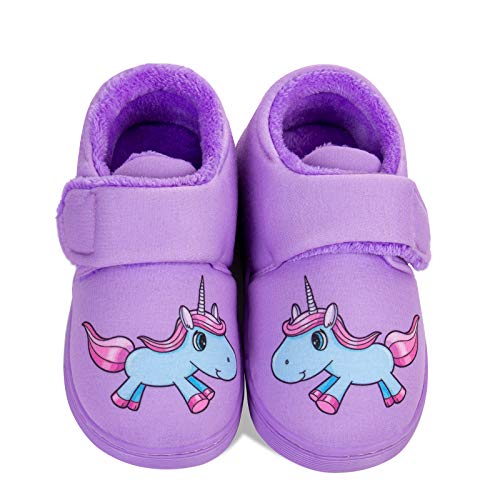 IceUnicorn Plüsch Hausschuhe für Kinder Klettmodell aus Kuschel Warme Flauschige Antirutsch Winter Hausschuhe Jungen Mädchen(Lila Einhorn,30/31EU) von IceUnicorn