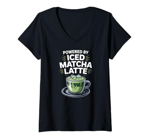 Damen Angetrieben von Iced Matcha Latte Enthusiast T-Shirt mit V-Ausschnitt von Iced Matcha Latte Caffeine Boost Energy