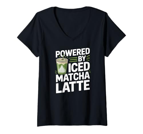 Damen Angetrieben von Iced Matcha Latte Energy Boost T-Shirt mit V-Ausschnitt Damen Angetrieben von Iced Matcha Latte Energy Boost T-Shirt mit V-Ausschnitt von Iced Matcha Latte Enthusiast Lifestyle