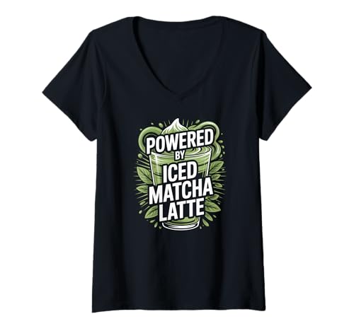 Damen Angetrieben von Iced Matcha Latte Energy Boost T-Shirt mit V-Ausschnitt Damen Angetrieben von Iced Matcha Latte Energy Boost T-Shirt mit V-Ausschnitt von Iced Matcha Latte Enthusiast Vibes