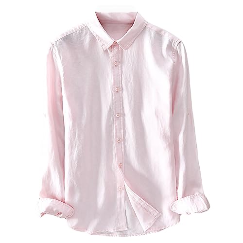 Icegrey Beiläufig Langarm Leinen Shirts Strand Hemden Herren Leinen Hemden Rosa 50 (3XL EU) von Icegrey