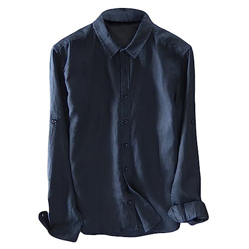 Icegrey Beiläufig Langarm Leinen Shirts Strand Hemden Herren Leinen Hemden Tiefes Blau 46 (XL EU) von Icegrey