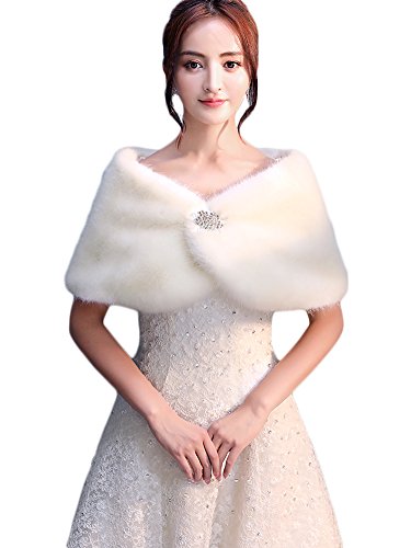 Icegrey Damen Kunstpelz Braut Schal Umhang Mit Strass Brosche Hochzeit Cape Winter Brautjacke Für Abend Partei Brautjungfern Elfenbein Weiß von Icegrey