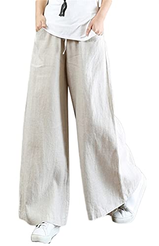 Icegrey Damen Leinenhose Hohe Taille Weites Bein Sommer Casual Lange Hose Sporthose Yogahose, Freizeit, Urlaub, Strand mit Kordelzug, Beige, L von Icegrey