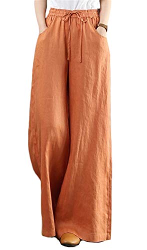 Icegrey Damen Leinenhose Hohe Taille Weites Bein Sommer Casual Lange Hose Sporthose Yogahose, Freizeit, Urlaub, Strand mit Kordelzug, Orange, S von Icegrey