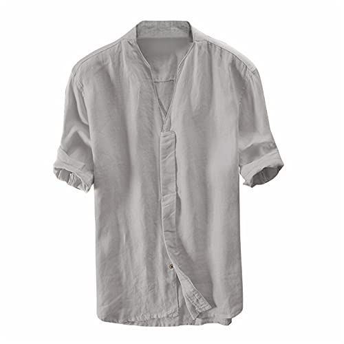 Icegrey Herren 100% Leinen Kurzarm Hemd Sommerhemd V-Neck Freizeit Hemd, Grau, 52 von Icegrey