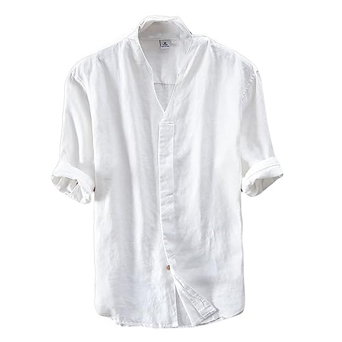 Icegrey Herren 100% Leinen Kurzarm Hemd Sommerhemd V-Neck Freizeit Hemd Weiß 46 von Icegrey