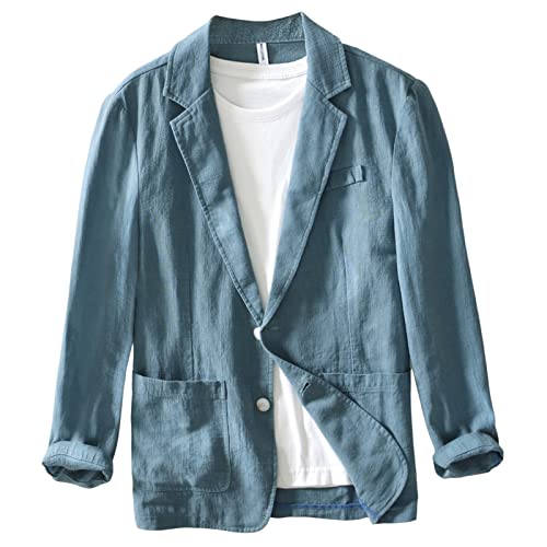 Icegrey Sakko Herren Baumwoll Leinen Regular Fit Schalkragen Anzugjacke 2 Knopf Jacke für Hochzeit Freizeit, Blue Green, L von Icegrey