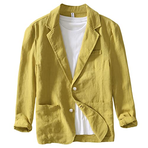 Icegrey Sakko Herren Baumwoll Leinen Regular Fit Schalkragen Anzugjacke 2 Knopf Jacke für Hochzeit Freizeit, Yellow, L von Icegrey