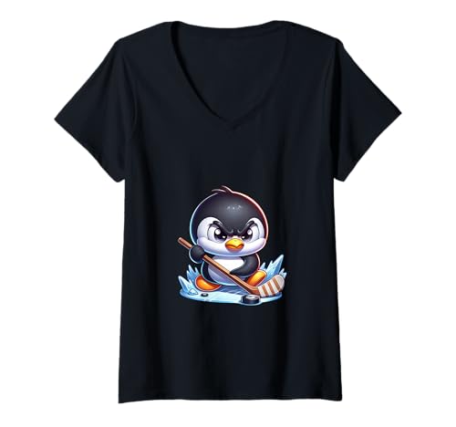 Damen Eishockey Pinguin Auf Eisfeld Action T-Shirt mit V-Ausschnitt von Icehockey Penguin Leidenschaft Cool