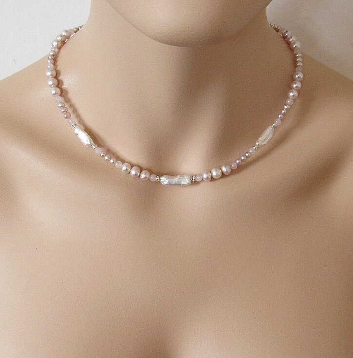 Halskette Süßwasserperlen, Biwaperlen, Rosenquarz, Perlenkette Und 925 Silber von IcejewelsDesign