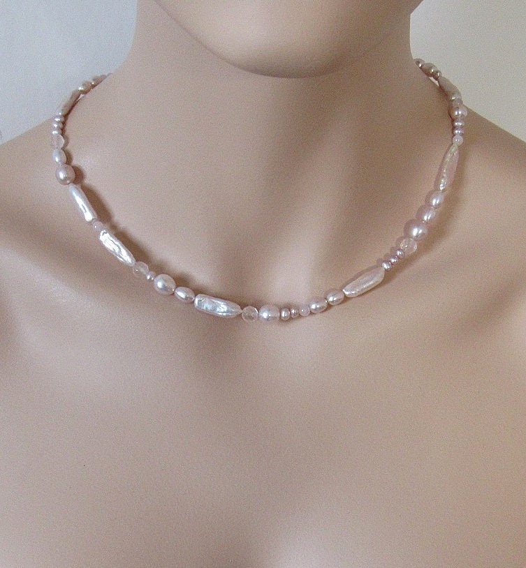 Halskette Süßwasserperlen, Biwaperlen, Rosenquarz, Perlenkette Und 925 Silber von IcejewelsDesign