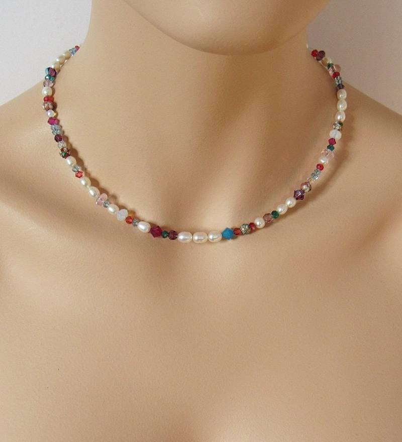 Halskette Multicolor. Süßwasserperlen, Swarovskiperlen, Perlenkette, Silber 925 von IcejewelsDesign