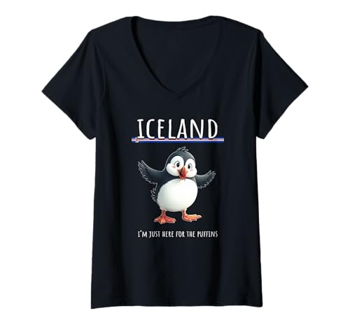 Damen Iceland Puffin - Island Sommer Urlaub - Papageientaucher T-Shirt mit V-Ausschnitt von Iceland Holiday Puffin Adventure