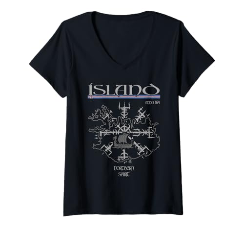 Damen Island - Nordic Spirit - Wikinger Vegvisir Kompass mit Karte T-Shirt mit V-Ausschnitt Damen Island - Nordic Spirit - Wikinger Vegvisir Kompass mit Karte T-Shirt mit V-Ausschnitt von Iceland Viking Vegvisir Hiking Camper Island