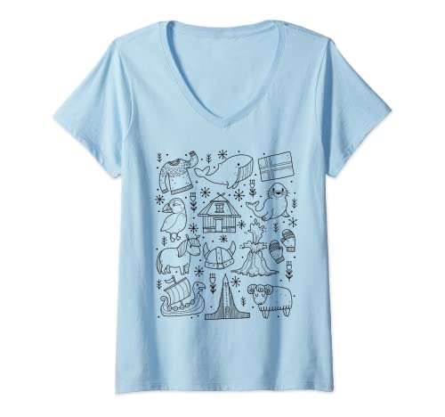 Damen Island Reykjavik Doodles T-Shirt mit V-Ausschnitt von Icelandic Scandinavia designs