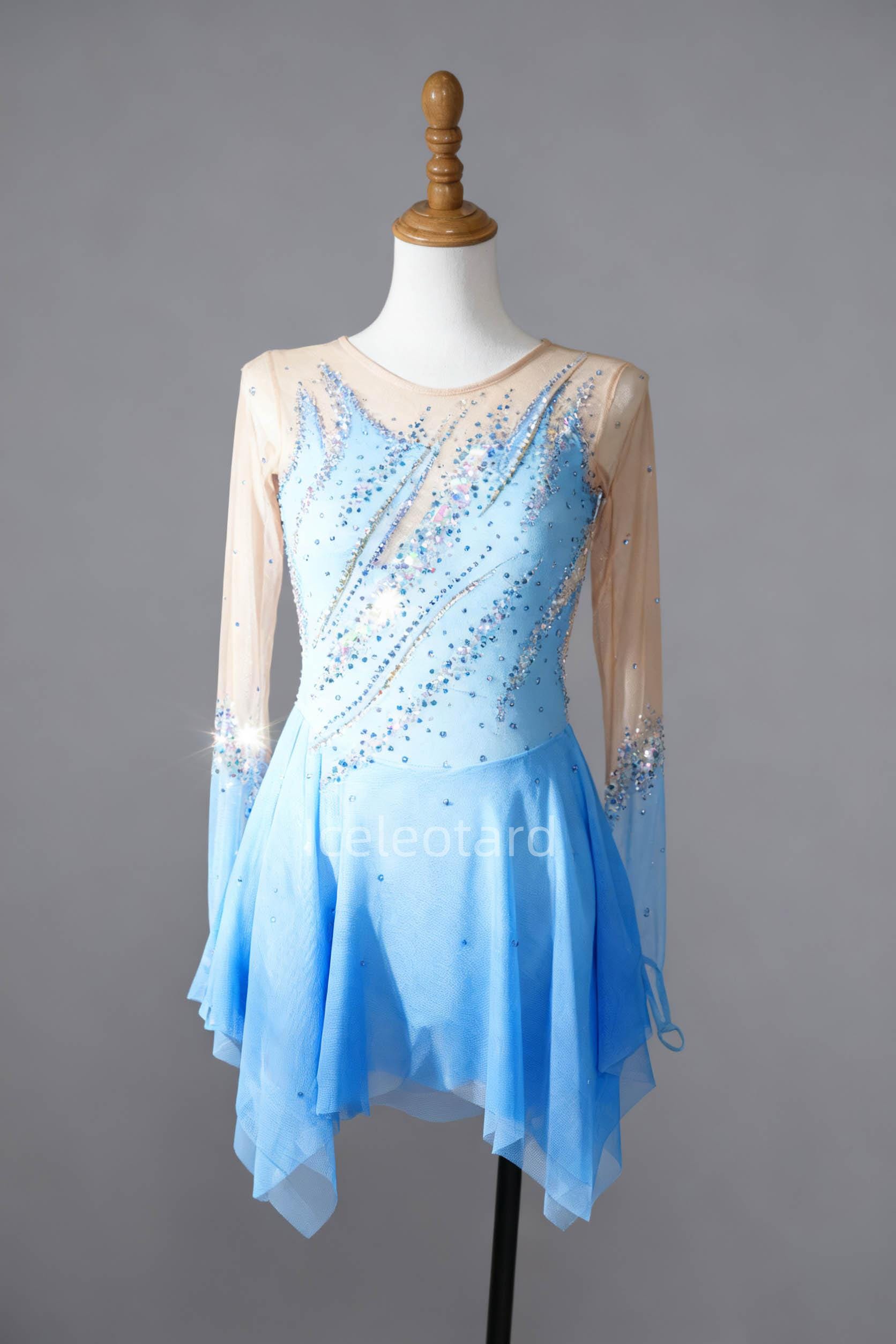 Sky Ribbon Ice Skating Dress | Girls Competition Leotard Custom Handmade Figure Costume von Iceleotard