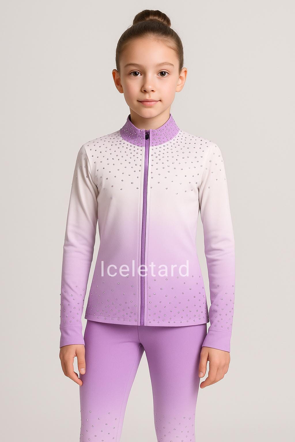 White Lilac Gradient Figure Skating Training Set | Crystal Rhinestone Jacket & Pants Custom Ice Outfit Stretch Warm Fabric Mad von Iceleotard