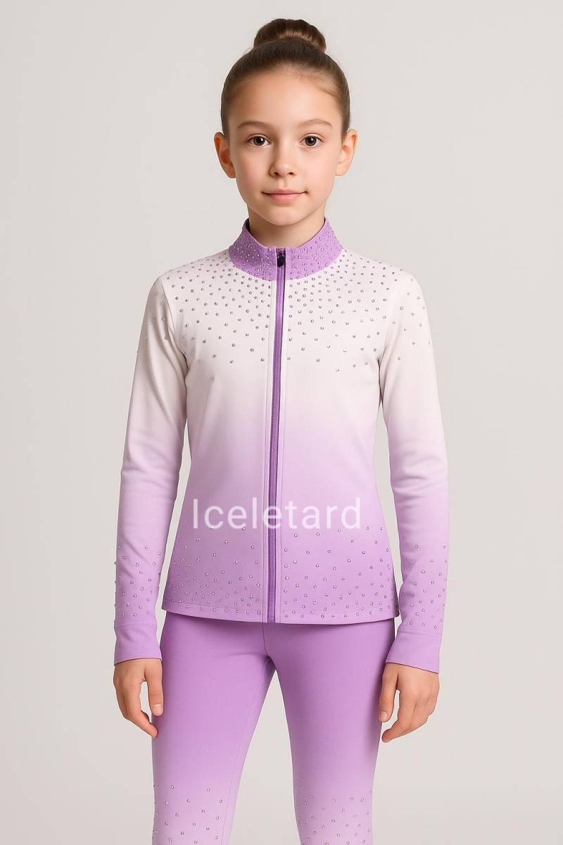 White Lilac Gradient Figure Skating Training Set | Crystal Rhinestone Jacket & Pants Custom Ice Outfit Stretch Warm Fabric Mad von Iceleotard