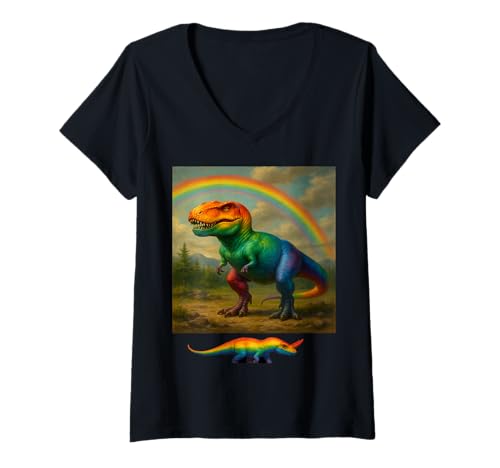 Damen LGBT Regenbogen T Rex In Berglandschaft Design T-Shirt mit V-Ausschnitt von Ich Bin, Wie Ich Bin, Und Du Hast Nichts Dazu Zu S