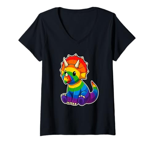Damen LGBT Süßer Regenbogen Triceratops Sitzend Grafik T-Shirt mit V-Ausschnitt von Ich Bin, Wie Ich Bin, Und Du Hast Nichts Dazu Zu S