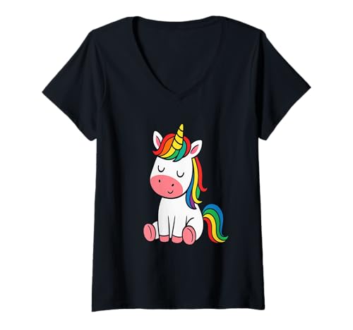 Damen LGBT Süßes Einhorn Sitzend Mit Regenbogenmähne Design T-Shirt mit V-Ausschnitt von Ich Bin, Wie Ich Bin, Und Du Hast Nichts Dazu Zu S