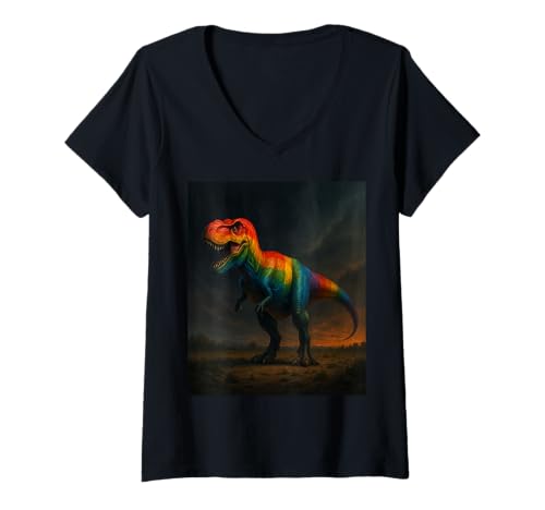 Damen LGBT T Rex Im Gewitter Mit Regenbogenfarben Design T-Shirt mit V-Ausschnitt von Ich Bin, Wie Ich Bin, Und Du Hast Nichts Dazu Zu S