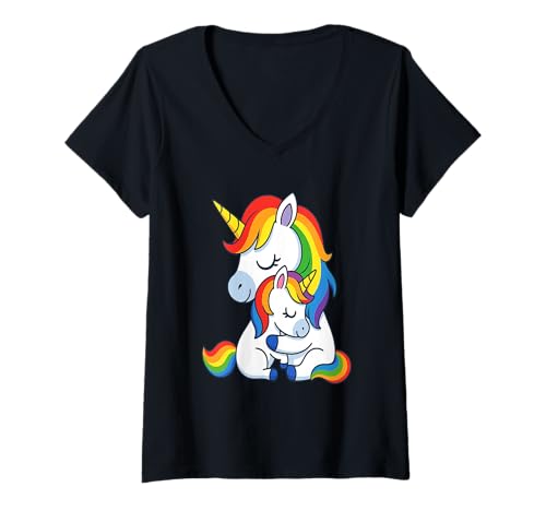 Damen LGBT Zwei Einhörner In Regenbogenumarmung Design T-Shirt mit V-Ausschnitt von Ich Bin, Wie Ich Bin, Und Du Hast Nichts Dazu Zu S