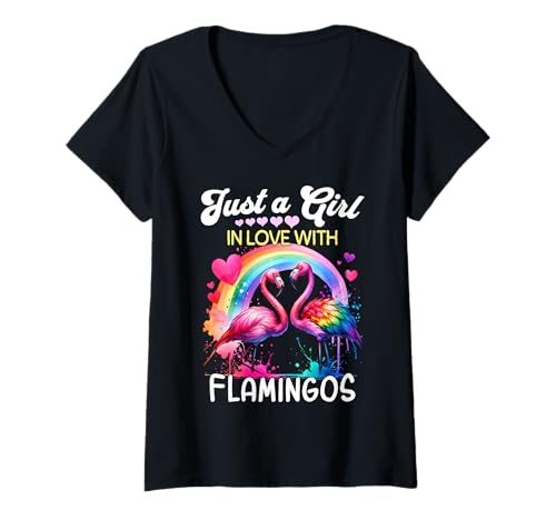 Damen Flamingo Girl Mädchen Liebt Flamingo T-Shirt mit V-Ausschnitt Damen Flamingo Girl Mädchen Liebt Flamingo T-Shirt mit V-Ausschnitt von Ich Liebe Flamingo Designs Für Damen