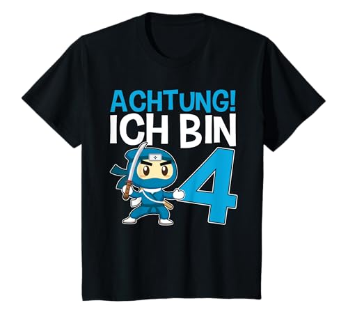 Kinder Ninja 4. Geburtstag - Achtung Ich bin Vier T-Shirt von Ich bin schon 4 Jahre Ninja Geburtstag Party