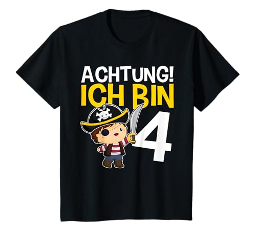 Kinder Pirat 4. Geburtstag - Achtung Ich bin Vier T-Shirt von Ich bin schon 4 Jahre Pirat Geburtstag Geschenk
